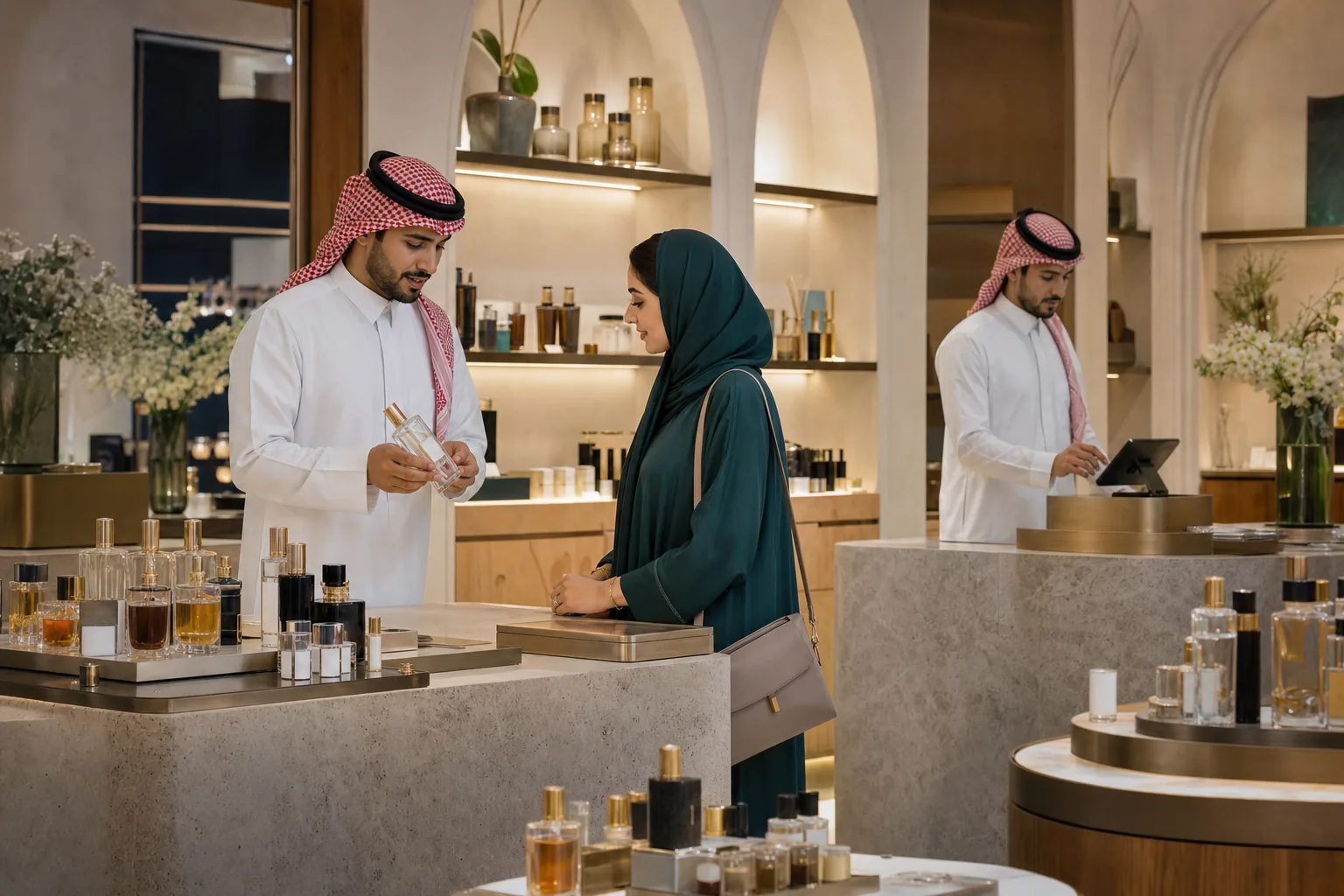 بوتيك عطور وتجميل سعودي راق بمنتجات غير معنونة ورفوف منظمة